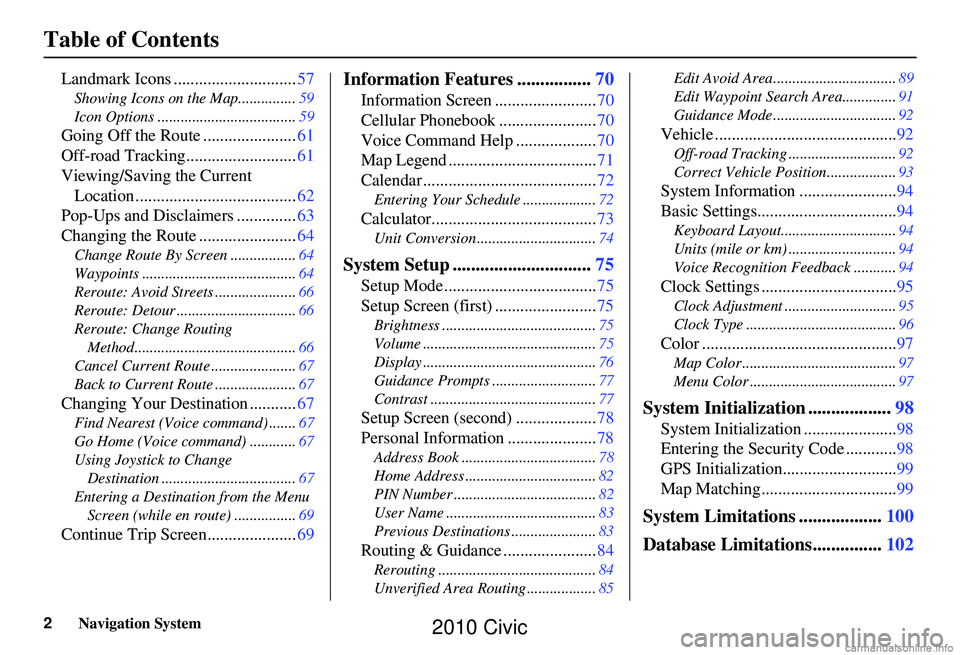 HONDA CIVIC SEDAN 2010  Navigation Manual (in English) 2Navigation System
Table of Contents
Landmark Icons .............................57
Showing Icons on the Map............... 59
Icon Options .................................... 59
Going Off the Route 