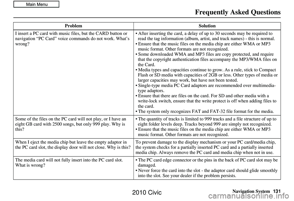 HONDA CIVIC SEDAN 2010 Navigation Manual (in English) Navigation System131
Frequently Asked Questions
I insert a PC card with music files, but the CARD button or
navigation “PC Card” voice comm ands do not work. What’s
wrong? • After inserting HONDA CIVIC SEDAN 2010 Navigation Manual (in English) Navigation System131
Frequently Asked Questions
I insert a PC card with music files, but the CARD button or
navigation “PC Card” voice comm ands do not work. What’s
wrong? • After inserting