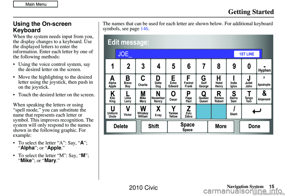 HONDA CIVIC SEDAN 2010 Navigation Manual (in English) Navigation System15
Getting Started
Using the On-screen
Keyboard
When the system needs input from you,
the display changes to a keyboard. Use
the displayed letters to enter the
information. Enter HONDA CIVIC SEDAN 2010 Navigation Manual (in English) Navigation System15
Getting Started
Using the On-screen
Keyboard
When the system needs input from you,
the display changes to a keyboard. Use
the displayed letters to enter the
information. Enter