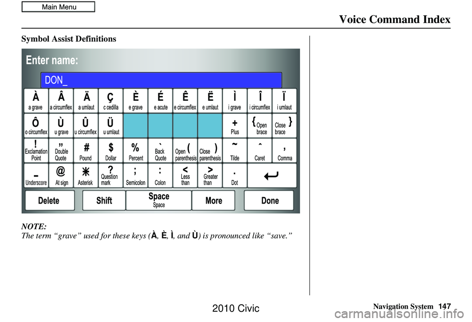 HONDA CIVIC SEDAN 2010 Navigation Manual (in English) Navigation System147
Voice Command Index
Symbol Assist Definitions
NOTE:
The term “grave” used for these keys ( À, È, Ì , and Ù) is pronounced like “save.”
2010 Civic HONDA CIVIC SEDAN 2010 Navigation Manual (in English) Navigation System147
Voice Command Index
Symbol Assist Definitions
NOTE:
The term “grave” used for these keys ( À, È, Ì , and Ù) is pronounced like “save.”
2010 Civic