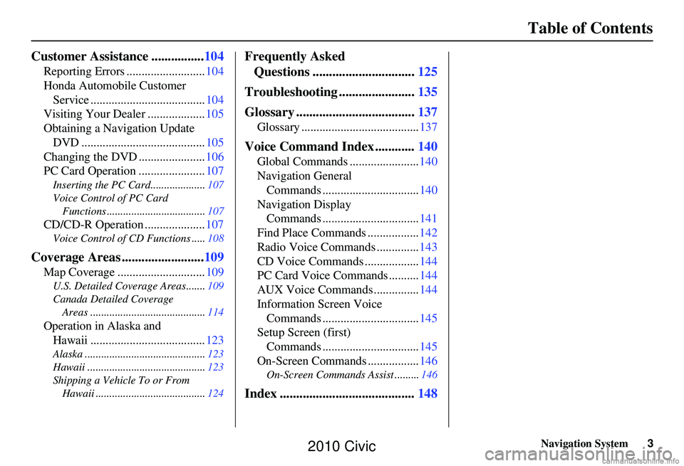 HONDA CIVIC SEDAN 2010  Navigation Manual (in English) Navigation System3
Table of Contents
Customer Assistance ................ 104
Reporting Errors .......................... 104
Honda Automobile Customer  Service ...................................... 