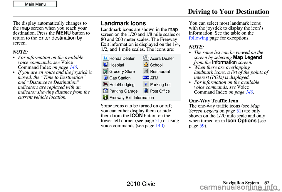 HONDA CIVIC SEDAN 2010 Navigation Manual (in English) Navigation System57
Driving to Your Destination
The display automatically changes to
the map screen when you reach your
destination. Press the MENU button to
return to the Enter destination by HONDA CIVIC SEDAN 2010 Navigation Manual (in English) Navigation System57
Driving to Your Destination
The display automatically changes to
the map screen when you reach your
destination. Press the MENU button to
return to the Enter destination by