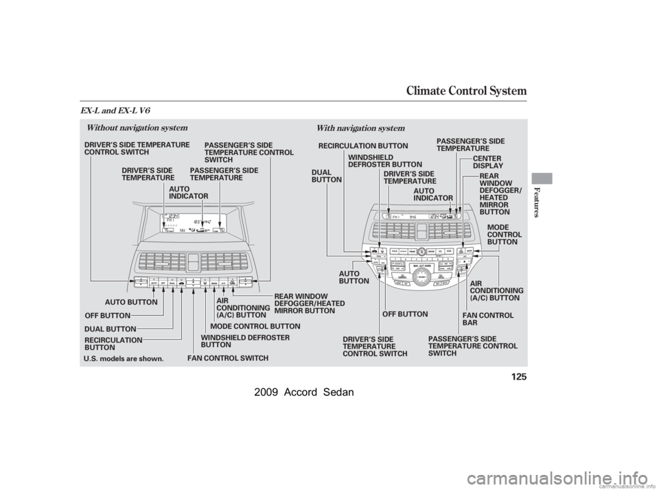 HONDA ACCORD SEDAN 2009  Owners Manual (in English) Climate Control System
With navigation system
Without navigation system
EX-L and EX-L V6
Features
125
AUTO BUTTON AUTO 
INDICATOR
DRIVER’S SIDE
TEMPERATURE
OFF BUTTON
DUAL BUTTON RECIRCULATION
BUTTO