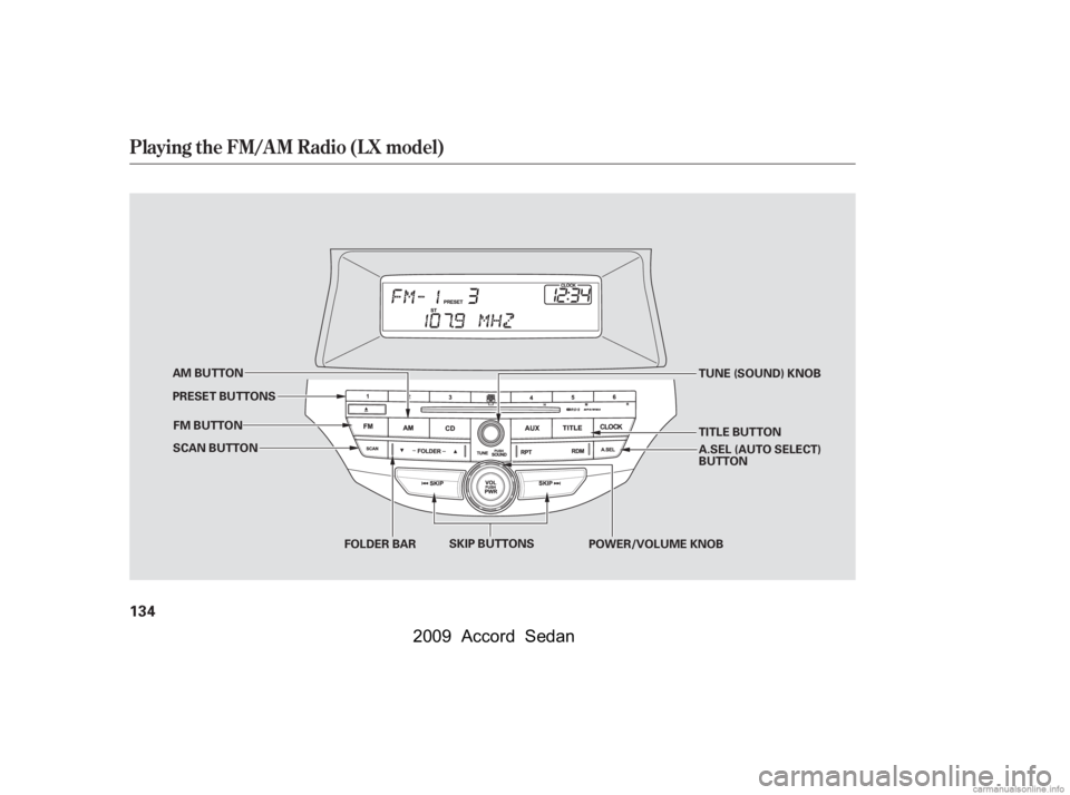 HONDA ACCORD SEDAN 2009  Owners Manual (in English) Playing the FM/AM Radio (LX model)
134
SCAN BUTTONFOLDER BAR POWER/VOLUME KNOB
FM BUTTON
AM BUTTON
TUNE (SOUND) KNOB
SKIP BUTTONS
PRESET BUTTONS
TITLE BUTTON 
A.SEL (AUTO SELECT) 
BUTTON
\f—\f