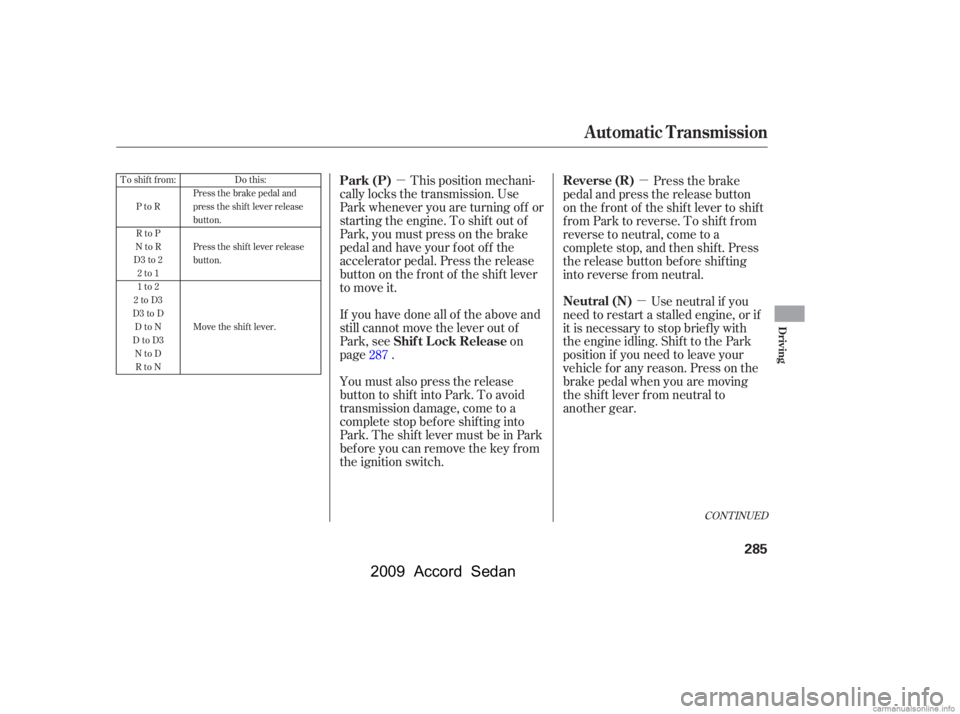 HONDA ACCORD SEDAN 2009  Owners Manual (in English) µµµ
CONT INUED
This position mechani-
cally locks the transmission. Use 
Park whenever you are turning of f or
starting the engine. To shif t out of
Park, you must press on the brake
pedal and h