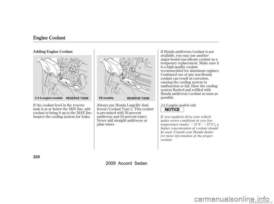 HONDA ACCORD SEDAN 2009  Owners Manual (in English) µµ
Always use Honda Long-lif e Anti- 
f reeze/Coolant Type 2. This coolant
is pre-mixed with 50 percent
antif reeze and 50 percent water.
Never add straight antifreeze or
plain water.
If the coola