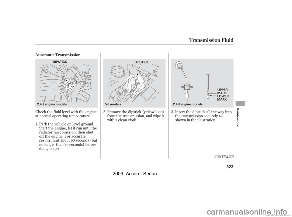 HONDA ACCORD SEDAN 2009  Owners Manual (in English) Check the f luid level with the engine 
at normal operating temperature.Park the vehicle on level ground.
Start the engine, let it run until the
radiator f an comes on, then shut
of f the engine. For 