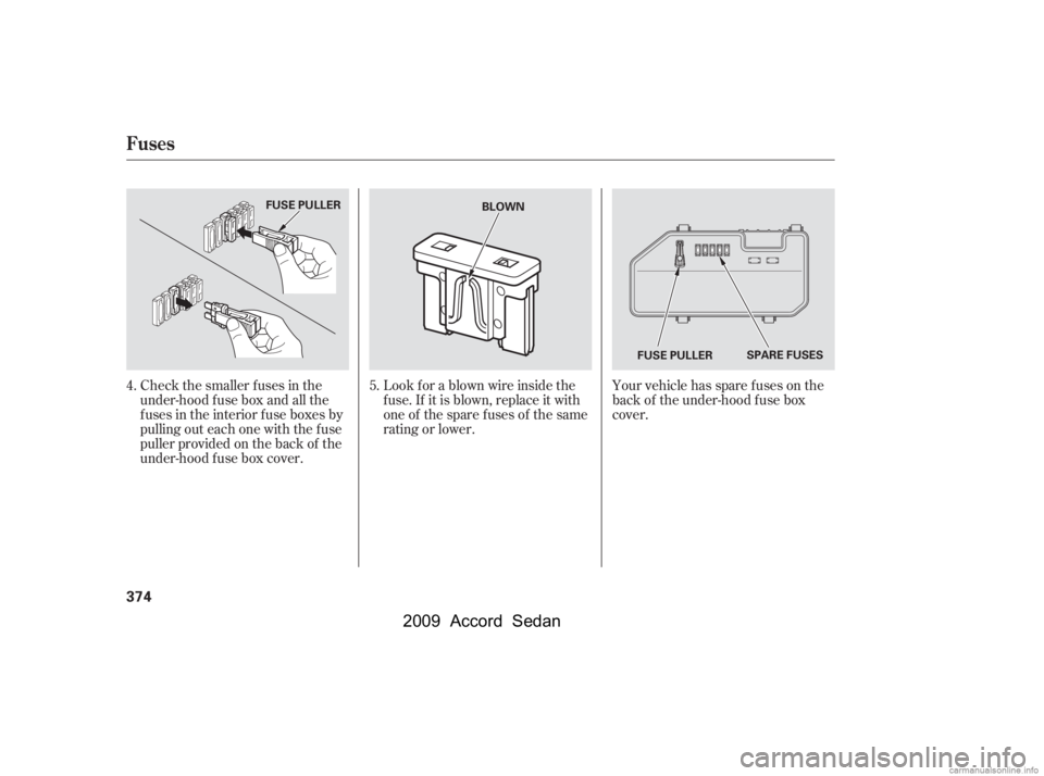 HONDA ACCORD SEDAN 2009  Owners Manual (in English) Your vehicle has spare fuses on the 
back of the under-hood f use box
cover.
Look f or a blown wire inside the
f use. If it is blown, replace it with
oneof thesparefusesof thesame
rating or lower.
Che