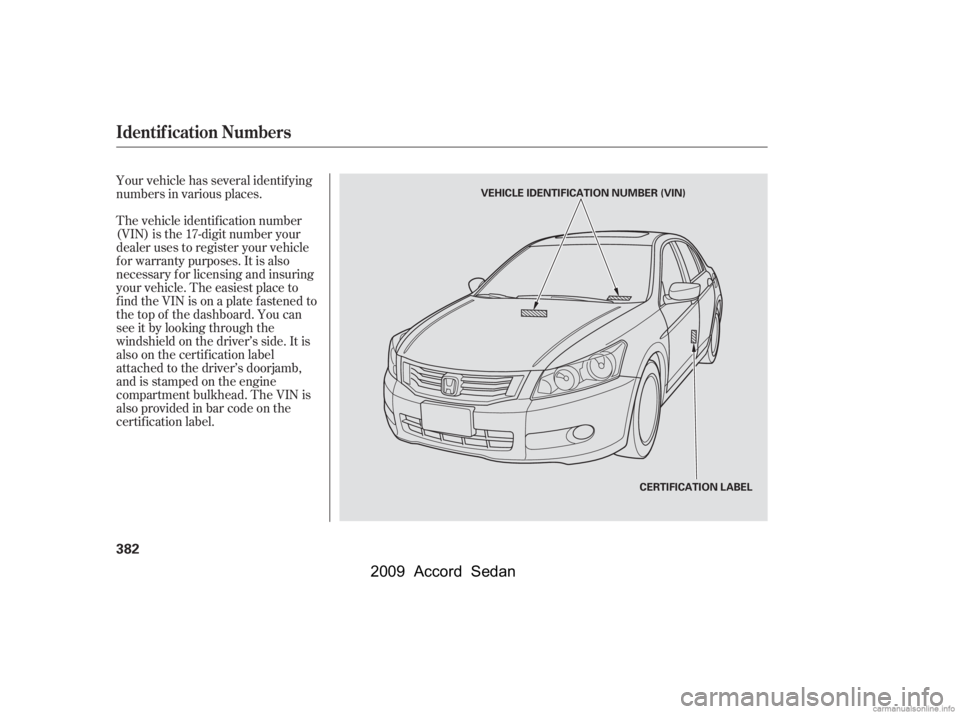 HONDA ACCORD SEDAN 2009  Owners Manual (in English) Your vehicle has several identif ying 
numbers in various places. 
The vehicle identif ication number 
(VIN) is the 17-digit number your
dealer uses to register your vehicle
f or warranty purposes. It