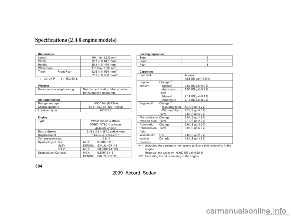 HONDA ACCORD SEDAN 2009  Owners Manual (in English) 
µµÎ
Î
ÎÎ
Î
Î
Î
Î
Specif ications (2.4engine models)
384
Dimensions
Seating Capacities
Capacities
Weights
Air Conditioning
Engine 110.2 in (2,800 mm)
62.6 in (1,590 mm)
Length
Width
