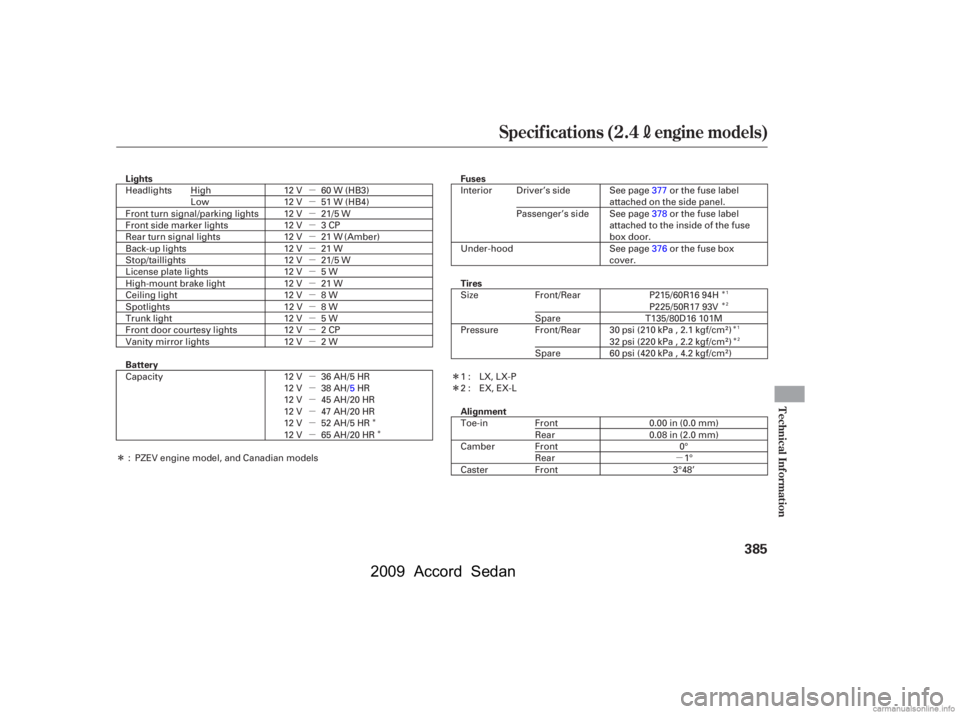 HONDA ACCORD SEDAN 2009  Owners Manual (in English) µ
µ 
µ
µ
µ
µ
µ
µ
µ
µ
µ
µ
µ
µ
µ 
µ 
µ
µ
µ
µ
µ
Î Î
Î
Î
Î Î
Î
Î 
Î
Specif ications (2.4engine models)
Technical Inf ormation
385
Lights 
Batter