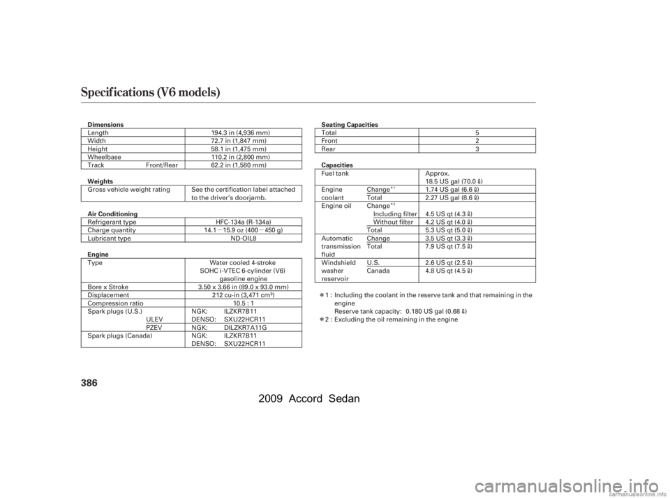 HONDA ACCORD SEDAN 2009  Owners Manual (in English) µµÎ 
Î
Î 
Î
Specif ications (V6 models)
386
Dimensions Seating Capacities
Capacities
Weights 
Air Conditioning 
Engine 110.2 in (2,800 mm)
Length 
Width
Height
Wheelbase
Track 194.3 in (4,