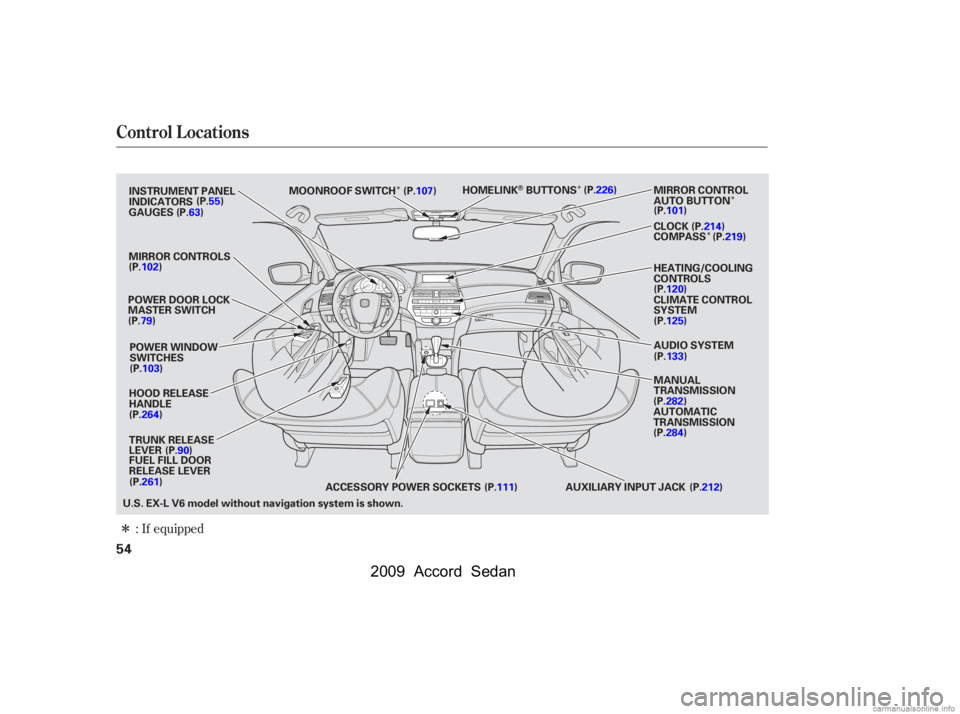 HONDA ACCORD SEDAN 2009  Owners Manual (in English) Î
ÎÎ
ÎÎ
If equipped
:
Control L ocations
54
MIRROR CONTROLS
CLIMATE CONTROL 
SYSTEM 
HEATING/COOLING 
CONTROLS
POWER DOOR LOCK
MASTER SWITCH
POWER WINDOW
SWITCHES
TRUNK RELEASE
LEVER AUTOMAT