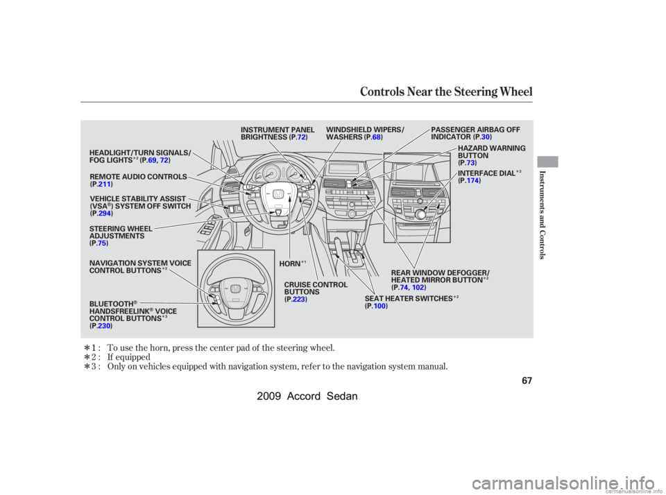 HONDA ACCORD SEDAN 2009   (in English) Repair Manual 
Î
Î
Î
Î
Î ÎÎ
Î
Î
Î
If equipped
Only on vehicles equipped with navigation system, ref er to the navigation system manual. To use the horn, press the center pad of the steering whee