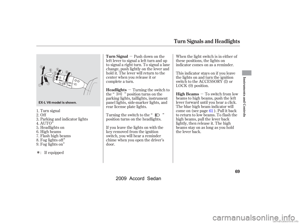 HONDA ACCORD SEDAN 2009  Owners Manual (in English) ÎÎ
Î
µ
µ
µ
Î Turn signal 
Of f
Parking and indicator lights
AUTO
Headlights on
High beams
Flashhighbeams
Fog lights of f
Fog lights on Push down on the
lef t lever to signal a lef t turn