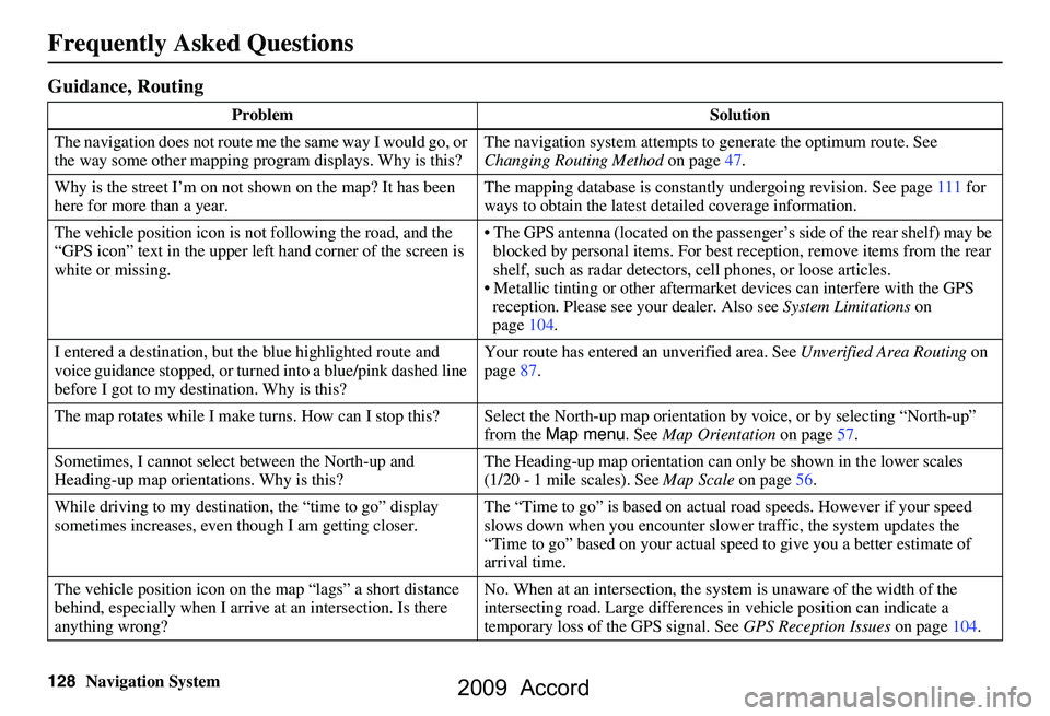 HONDA ACCORD SEDAN 2009 Navigation Manual (in English)
128Navigation System
Frequently Asked Questions
Guidance, Routing
Problem Solution
The navigation does not route me the same way I would go, or
the way some other mapping progr am displays. Why is HONDA ACCORD SEDAN 2009 Navigation Manual (in English)
128Navigation System
Frequently Asked Questions
Guidance, Routing
Problem Solution
The navigation does not route me the same way I would go, or
the way some other mapping progr am displays. Why is