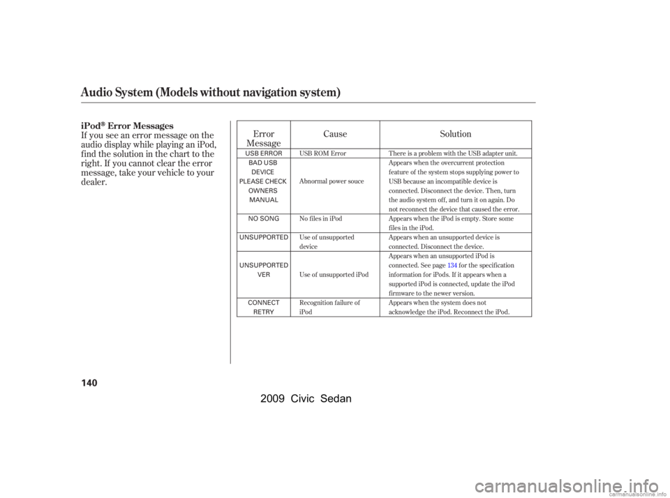 HONDA CIVIC SEDAN 2009  Owners Manual (in English) If you see an error message on the 
audio display while playing an iPod,
f ind the solution in the chart to the 
right. If you cannot clear the error 
message, take your vehicle to your
dealer.Error
M