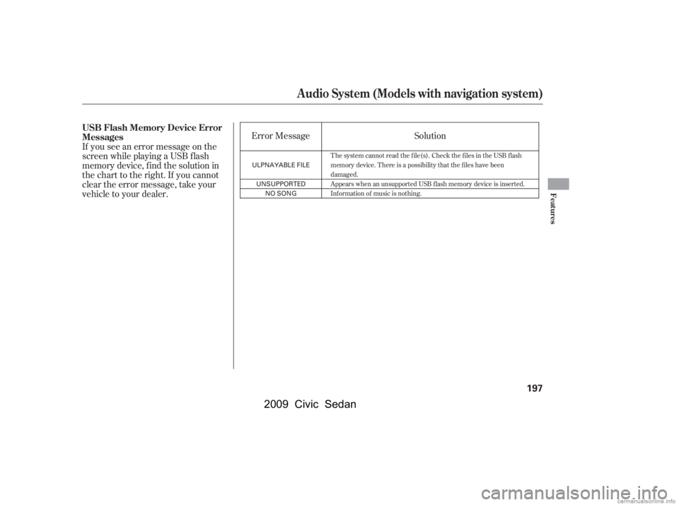 HONDA CIVIC SEDAN 2009  Owners Manual (in English) If you see an error message on the 
screen while playing a USB f lash
memory device, f ind the solution in 
the chart to the right. If you cannot 
clear the error message, take your
vehicle to your de