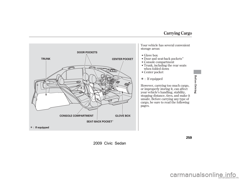 HONDA CIVIC SEDAN 2009  Owners Manual (in English) 
Î
Î
Î
Î
Your vehicle has several convenient
storage areas:Glove box
Console compartment
Trunk, including the rear seats
when f olded down
Center pocket Door and seat-back pockets
However, car