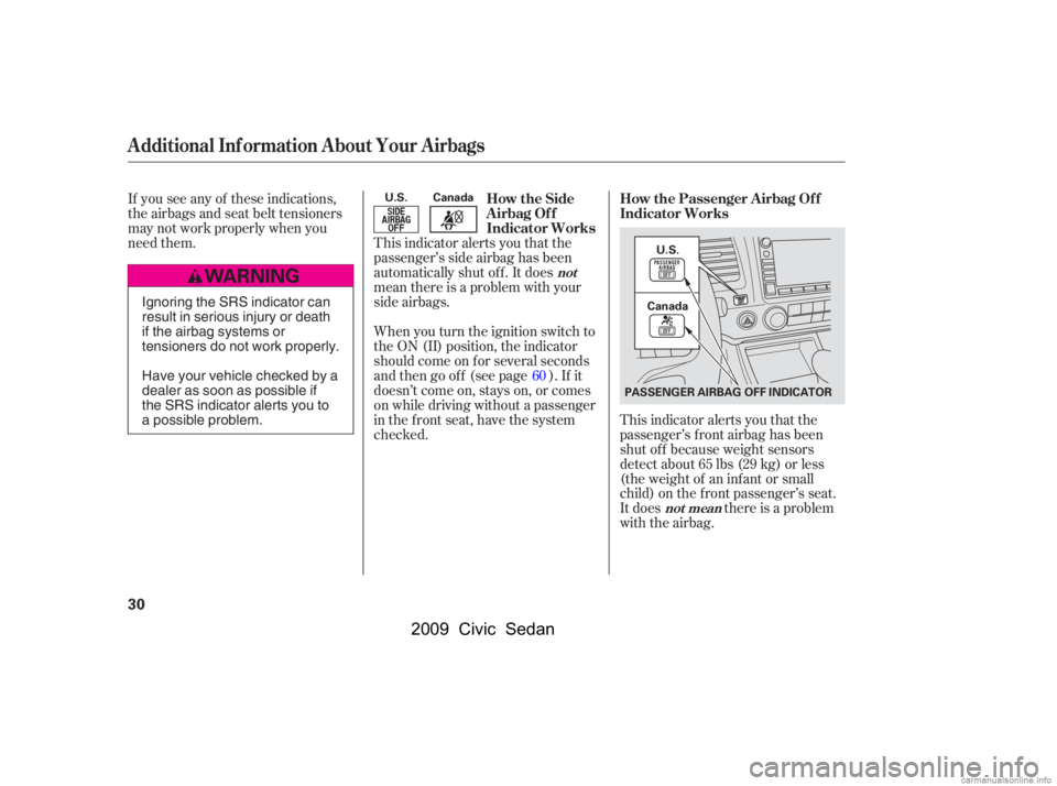 HONDA CIVIC SEDAN 2009  Owners Manual (in English) This indicator alerts you that the 
passenger’s f ront airbag has been
shut of f because weight sensors 
detect about 65 lbs (29 kg) or less 
(the weight of an inf ant or small
child) on the f ront 