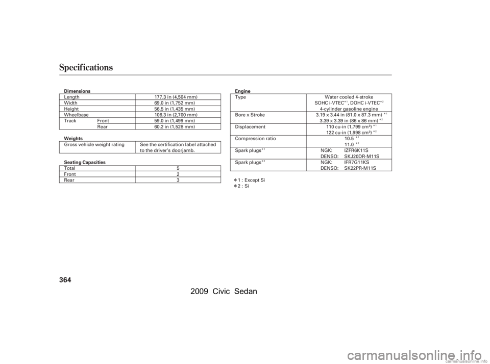 HONDA CIVIC SEDAN 2009  Owners Manual (in English) Î 
ÎÎÎ
Î 
Î
Î
Î Î
Î
Î 
Î
Specif ications
364
Dimensions 
Weights Engine
Seating Capacities 177.3 in (4,504 mm) 
69.0 in (1,752 mm)
56.5 in (1,435 mm)
106.3 in (2,700 mm)
59.0 i