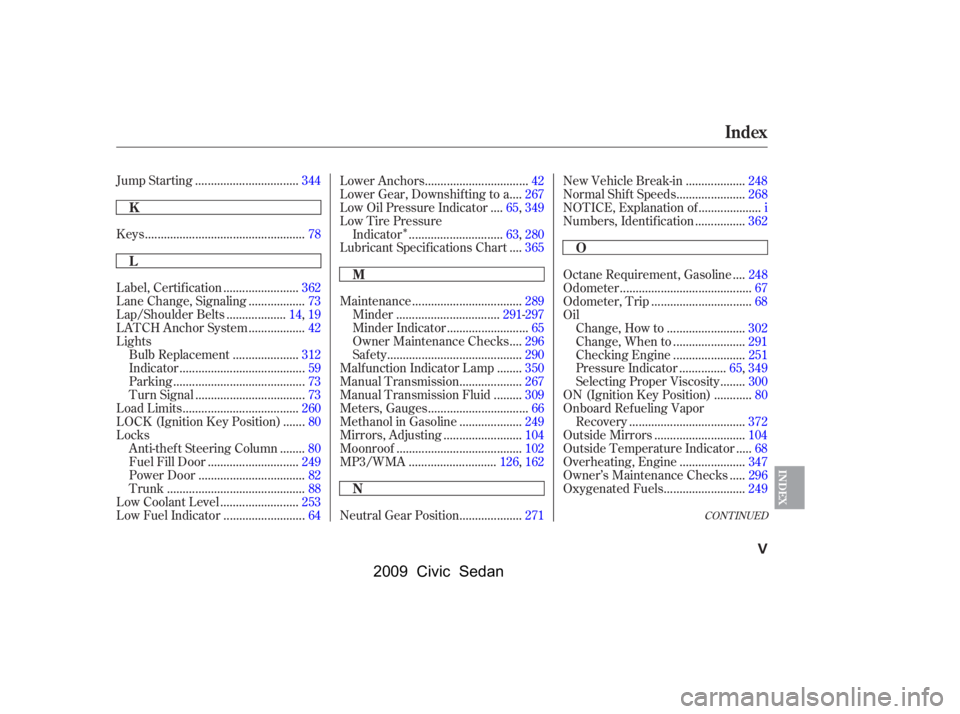 HONDA CIVIC SEDAN 2009  Owners Manual (in English) 
Î
CONT INUED
................................
Jump Starting .344
..................................................
Keys .78
.......................
Label, Certif ication .362
.................
Lan