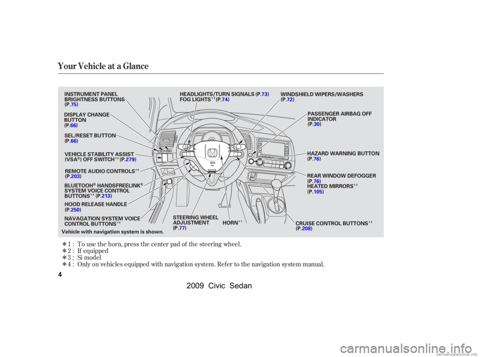 HONDA CIVIC SEDAN 2009  Owners Manual (in English) ÎÎ
Î
Î Î
Î Î
Î
Î 
Î
Î 
Î Only on vehicles equipped with navigation system. Ref er to the navigation system manual. 
To use the horn, press the center pad of the steering wheel.