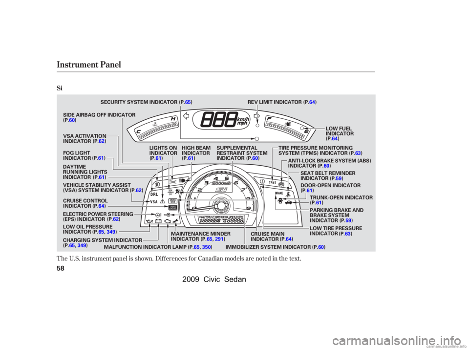 HONDA CIVIC SEDAN 2009   (in English) Repair Manual The U.S. instrument panel is shown. Dif f erences f or Canadian models are noted in the text.
Instrument Panel
Si
58
LOW FUEL 
INDICATOR
MAINTENANCE MINDER
INDICATOR
CRUISE CONTROL
INDICATOR
IMMOBILIZ HONDA CIVIC SEDAN 2009   (in English) Repair Manual The U.S. instrument panel is shown. Dif f erences f or Canadian models are noted in the text.
Instrument Panel
Si
58
LOW FUEL 
INDICATOR
MAINTENANCE MINDER
INDICATOR
CRUISE CONTROL
INDICATOR
IMMOBILIZ