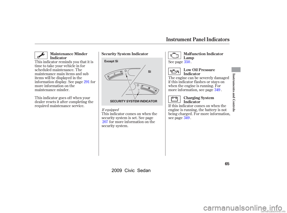 HONDA CIVIC SEDAN 2009  Owners Manual (in English) See page . 
The engine can be severely damaged 
if this indicator f lashes or stays on
when the engine is running. For
more information, see page . 
If this indicator comes on when the 
engine is runn