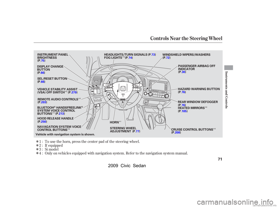 HONDA CIVIC SEDAN 2009  Owners Manual (in English) ÎÎ
Î
Î Î
Î Î
Î
Î 
Î
Î 
Î Only on vehicles equipped with navigation system. Ref er to the navigation system manual. 
To use the horn, press the center pad of the steering wheel.