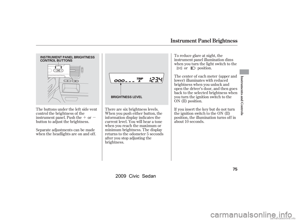 HONDA CIVIC SEDAN 2009   (in English) Manual PDF ´µ
The buttons under the lef t side vent 
control the brightness of the
instrument panel. Push the or
button to adjust the brightness. 
Separate adjustments can be made 
when the headlights are on