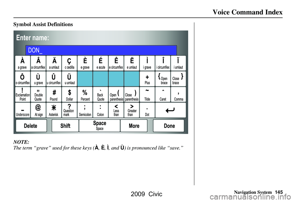 HONDA CIVIC SEDAN 2009 Navigation Manual (in English) Navigation System145
Voice Command Index
Symbol Assist Definitions
NOTE:
The term “grave” used for these keys ( À, È, Ì , and Ù) is pronounced like “save.”
2009 Civic HONDA CIVIC SEDAN 2009 Navigation Manual (in English) Navigation System145
Voice Command Index
Symbol Assist Definitions
NOTE:
The term “grave” used for these keys ( À, È, Ì , and Ù) is pronounced like “save.”
2009 Civic