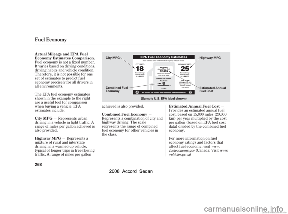 HONDA ACCORD SEDAN 2008  Owners Manual (in English) µ
µ µ
µ
Fuel economy is not a f ixed number. 
It varies based on driving conditions,
driving habits and vehicle condition.
Theref ore, it is not possible f or one 
set of estimates to predict 