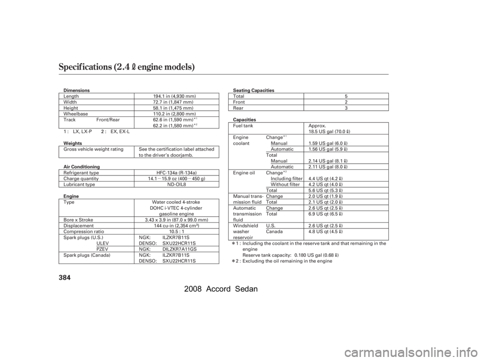 HONDA ACCORD SEDAN 2008  Owners Manual (in English) 
µµÎ
Î
ÎÎ
Î
Î
Î
Î
Specif ications (2.4engine models)
384
Dimensions Seating Capacities
Capacities
Weights
Air Conditioning
Engine 110.2 in (2,800 mm)
62.6 in (1,590 mm)
Length
Width
