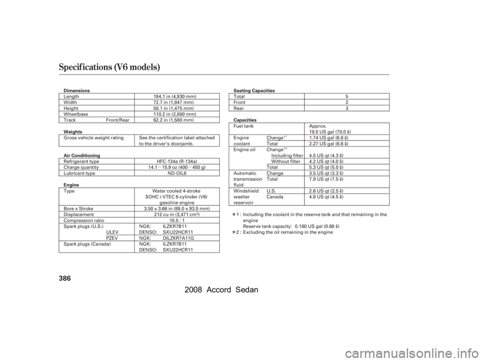 HONDA ACCORD SEDAN 2008  Owners Manual (in English) µµÎ 
Î
Î 
Î
Specif ications (V6 models)
386
Dimensions Seating Capacities Capacities
Weights 
Air Conditioning 
Engine 110.2 in (2,800 mm)
Length 
Width
Height
Wheelbase
Track 194.1 in (4,