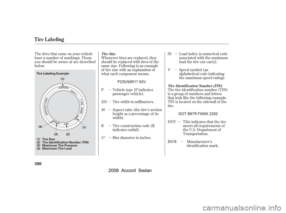 HONDA ACCORD SEDAN 2008  Owners Manual (in English) µ 
µ 
µ 
µµ
µ µ
µ
µ
The tires that came on your vehicle 
have a number of markings. Those 
you should be aware of are described
below.
Manuf acturer’s 
identification mark.
This in