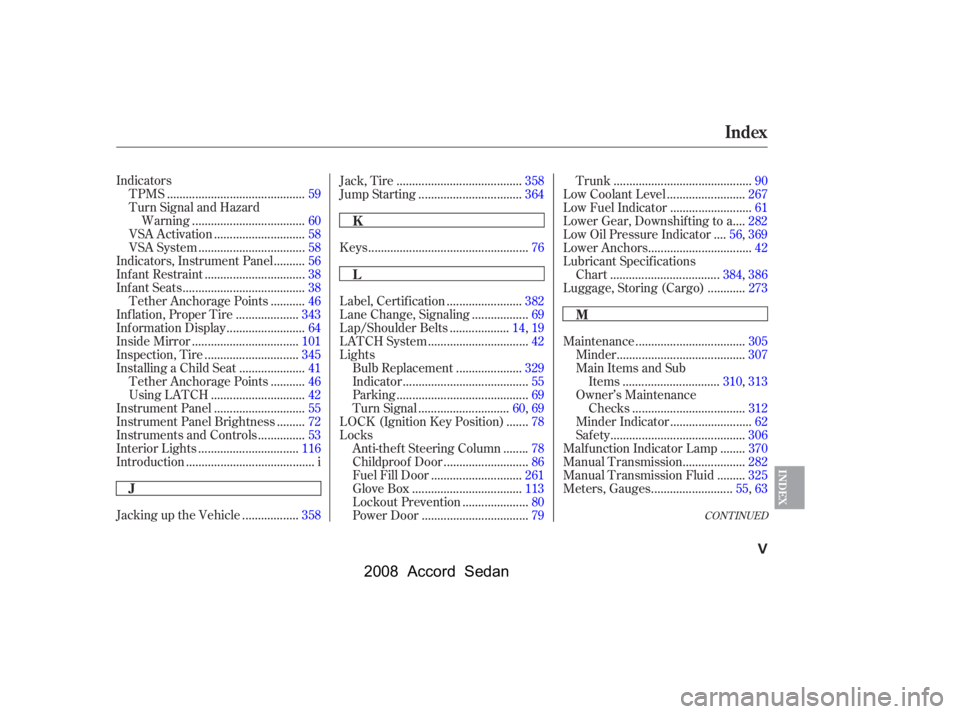 HONDA ACCORD SEDAN 2008  Owners Manual (in English) CONT INUED
Indicators...........................................
TPMS .59 
Turn Signal and Hazard
...................................
Warning .60
............................
VSA Activation .58
......