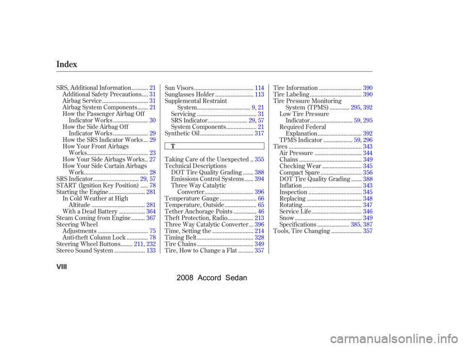 HONDA ACCORD SEDAN 2008  Owners Manual (in English) ..........
SRS, Additional Inf ormation .21
...
Additional Safety Precautions .31
.............................
Airbag Service .31
......
Airbag System Components .21 
How the Passenger Airbag Of f
..