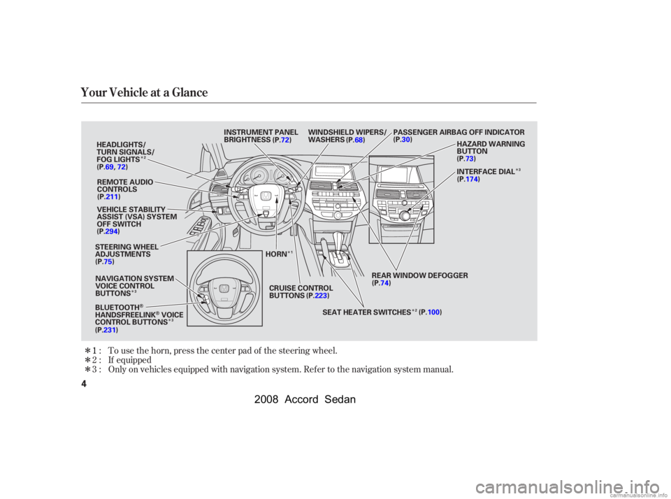 HONDA ACCORD SEDAN 2008  Owners Manual (in English) 
Î Î
Î
Î
Î Î
Î
Î Î
Only on vehicles equipped with navigation system. Ref er to the navigation system manual. If equipped
To use the horn, press the center pad of the steering wheel.
