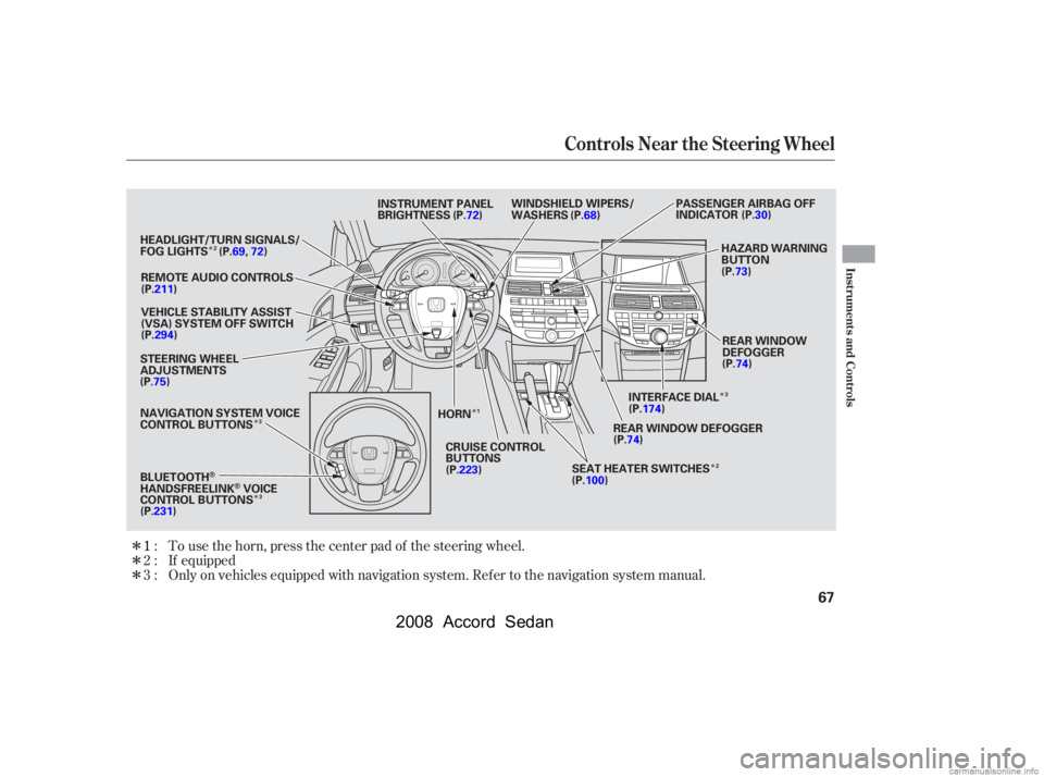 HONDA ACCORD SEDAN 2008  Owners Manual (in English) 
ÎÎ
Î
Î
Î
Î
Î
Î
Î If equipped
Only on vehicles equipped with navigation system. Ref er to the navigation system manual. To use the horn, press the center pad of the steering wheel.
1