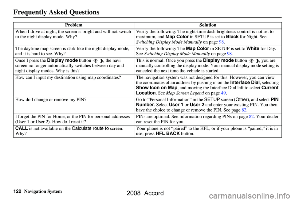 HONDA ACCORD SEDAN 2008 Navigation Manual (in English) 122Navigation System
Frequently Asked Questions
When I drive at night, the screen is bright and will not switch
to the night display mode. Why? Verify the following: The
night-time dash brightness HONDA ACCORD SEDAN 2008 Navigation Manual (in English) 122Navigation System
Frequently Asked Questions
When I drive at night, the screen is bright and will not switch
to the night display mode. Why? Verify the following: The
night-time dash brightness