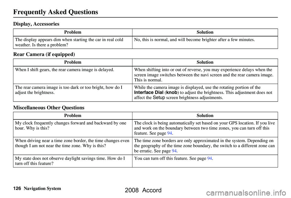 HONDA ACCORD SEDAN 2008  Navigation Manual (in English) 126Navigation System
Frequently Asked Questions
Display, Accessories 
Rear Camera (if equipped) 
Miscellaneous Other Questions
Problem Solution
The display appears dim when starting the car in real co