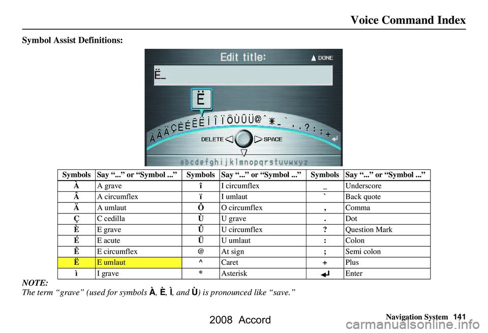 HONDA ACCORD SEDAN 2008  Navigation Manual (in English) Navigation System141
Voice Command Index
Symbol Assist Definitions:
NOTE: 
The term “grave” (used for symbols  À, È , Ì, and  Ù) is pronounced like “save.”
Symbols Say “...” or “Symb