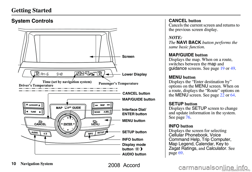 HONDA ACCORD SEDAN 2008 Navigation Manual (in English)
10Navigation System
Getting Started
System Controls
CANCEL button
SETUP button
INFO button Interface Dial/
ENTER button
MENU button
AUDIO button MAP/GUIDE button Lower Display Screen
Display mode
b HONDA ACCORD SEDAN 2008 Navigation Manual (in English)
10Navigation System
Getting Started
System Controls
CANCEL button
SETUP button
INFO button Interface Dial/
ENTER button
MENU button
AUDIO button MAP/GUIDE button Lower Display Screen
Display mode
b