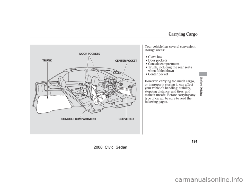 HONDA CIVIC SEDAN 2008  Owners Manual (in English) 
Your vehicle has several convenient
storage areas:Glove box
Console compartment Door pockets
Trunk, including the rear seats
when f olded down
However, carrying too much cargo,
or improperly storing 