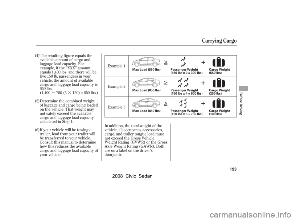 HONDA CIVIC SEDAN 2008  Owners Manual (in English) 
µ·
The resulting f igure equals the
available amount of cargo and
luggage load capacity. For
example, if the ‘‘XXX’’ amount
equals 1,400 lbs. and there will be
f ive 150 lb. passengers in