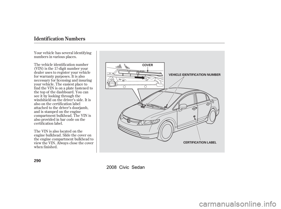 HONDA CIVIC SEDAN 2008  Owners Manual (in English) 
Your vehicle has several identif ying
numbers in various places.
The vehicle identif ication number
(VIN) is the 17-digit number your
dealer uses to register your vehicle
f or warranty purposes. It i