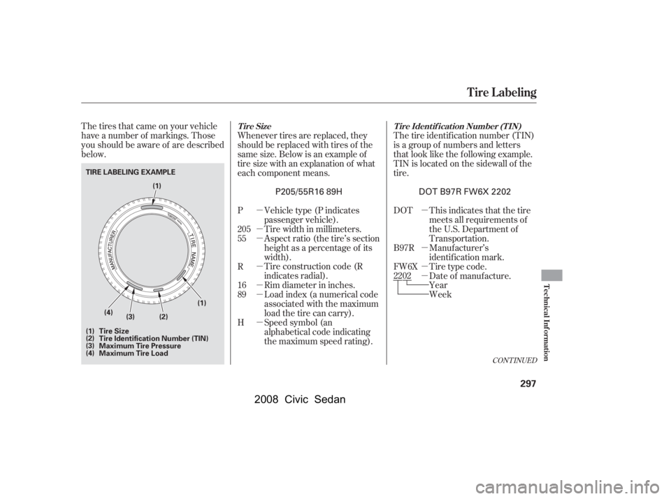 HONDA CIVIC SEDAN 2008  Owners Manual (in English) 
µ
µ
µ
µ
µ
µ
µ
µ
µ
µ
µ
The tires that came on your vehicle
have a number of markings. Those
you should be aware of are described
below.
The tire identif ication number (TIN)
is a