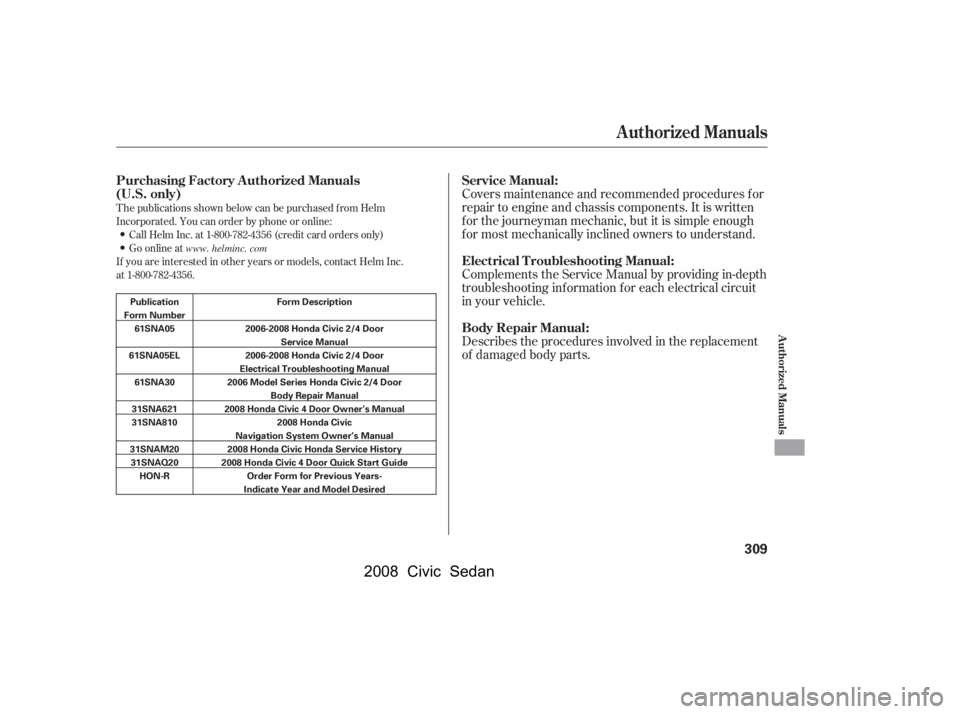 HONDA CIVIC SEDAN 2008  Owners Manual (in English) 
T he publications shown below can be purchased f rom Helm
Incorporated. You can order by phone or online:Call Helm Inc. at 1-800-782-4356 (credit card orders only)
Go online at
If you are interested 