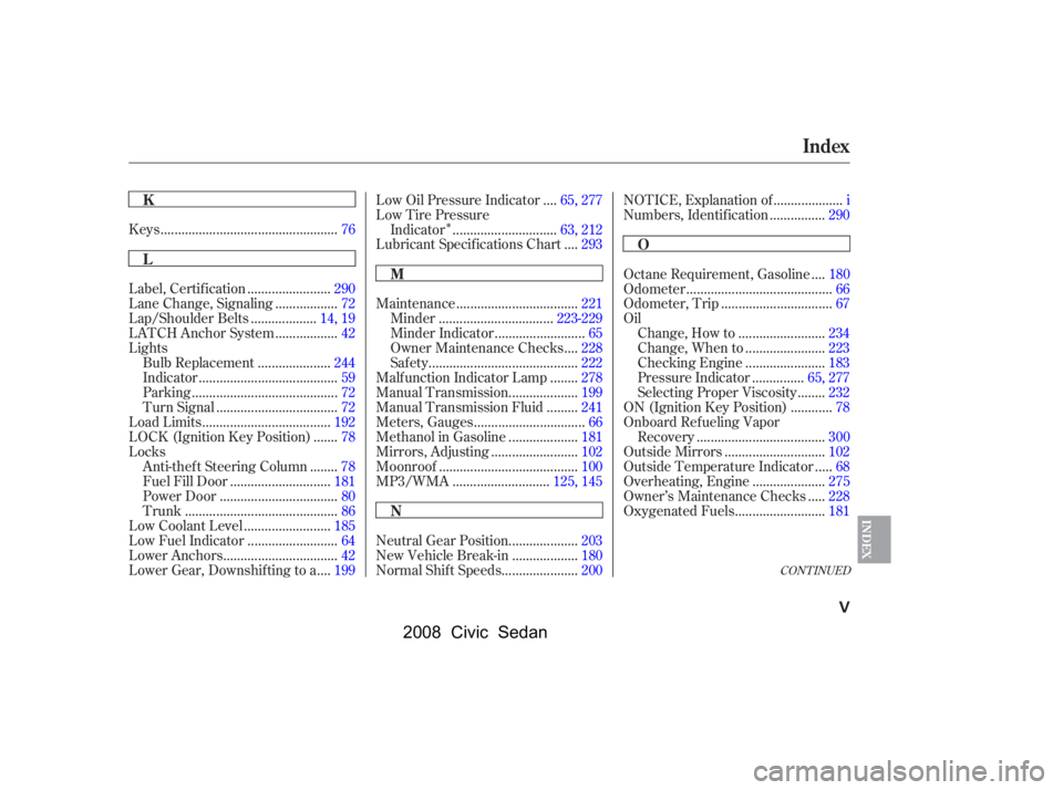 HONDA CIVIC SEDAN 2008  Owners Manual (in English) 
Î
CONT INUED
..................................................
Keys .76
.......................
Label, Certif ication .290
.................
Lane Change, Signaling .72
..................
Lap/Shoul